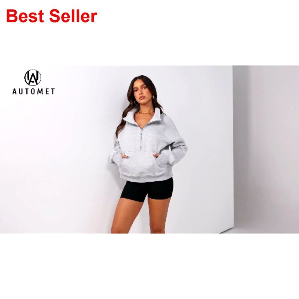 Women's Half Zip Cropped Fleece Pullover Hoodie with Thumb Holes and Pockets - Picture 7 of 7